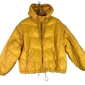 Zara Puffer Jacket Vest Womens Small Yellow Hooded Removable Sleeves Waterproof